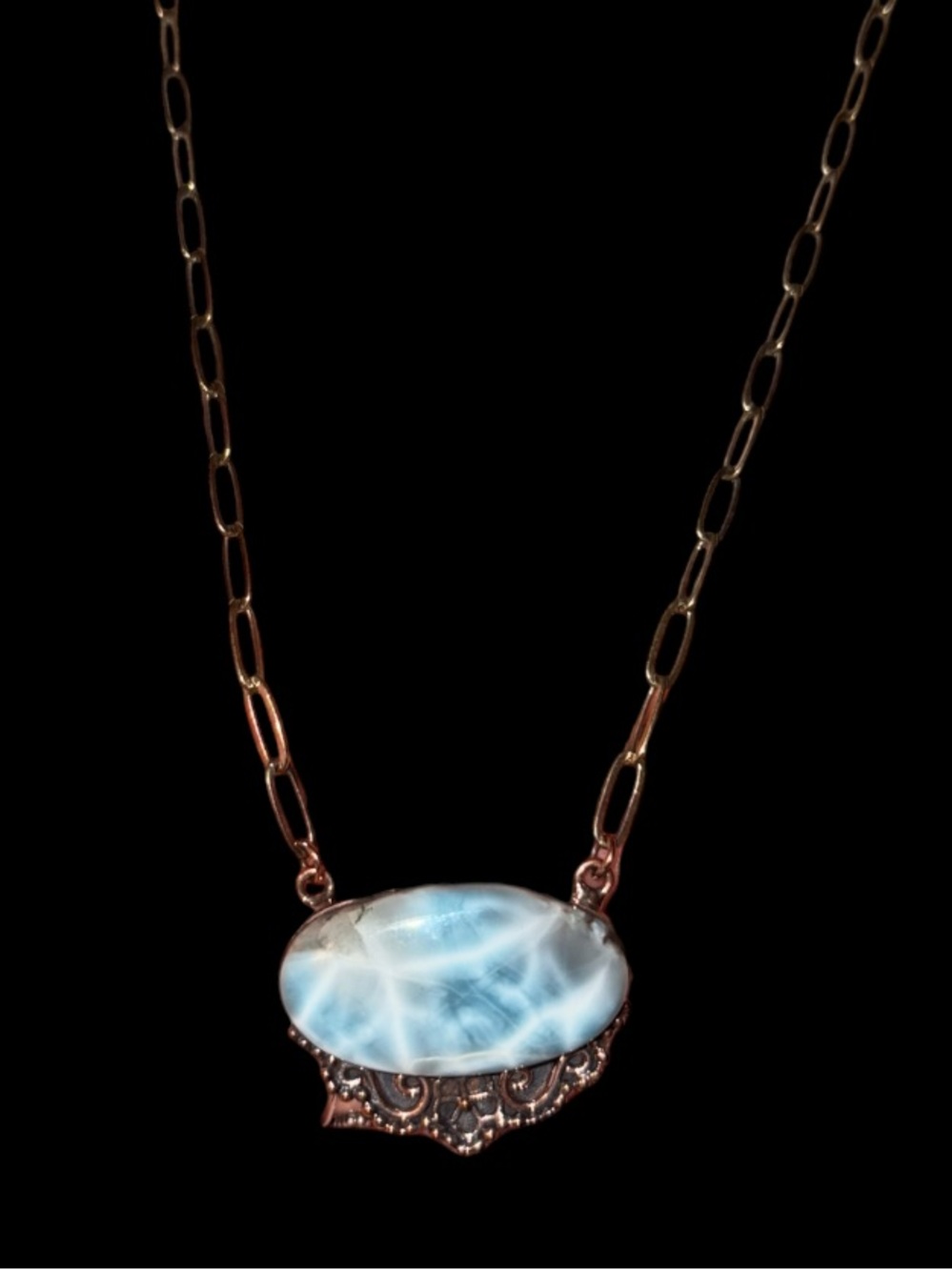 Larimar Oval Set In Copper/  Fully Adjustable Antiqued Style Link Chain